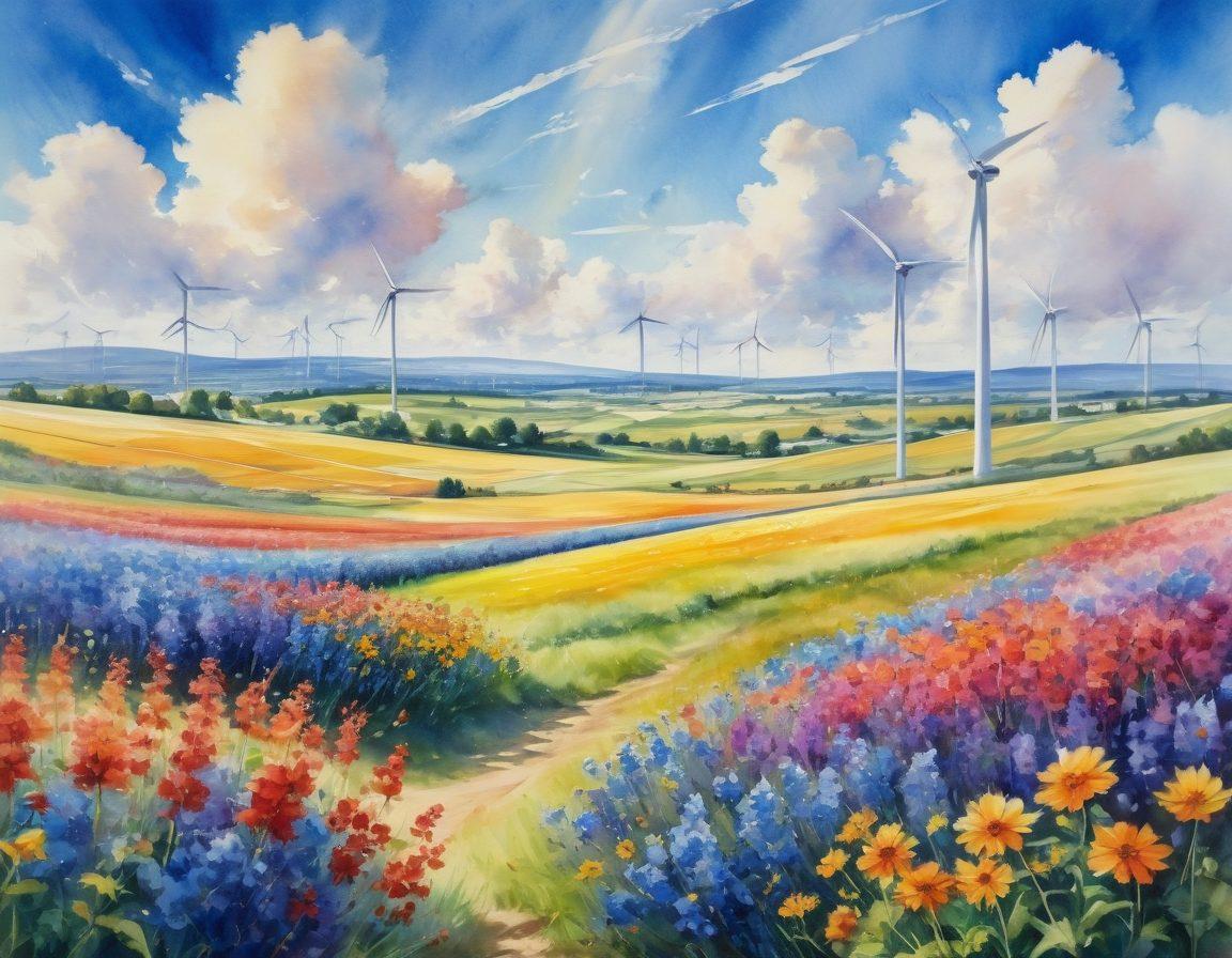A sunlit field with wind turbines spinning amidst vibrant flowers, solar panels reflecting bright sunlight, and a diverse group of people joyfully engaging in outdoor activities. The sky is a brilliant blue with fluffy clouds, symbolizing a bright future. Infuse elements of innovation, sustainability, and community spirit throughout the scene. watercolor painting. vibrant colors. peaceful atmosphere.