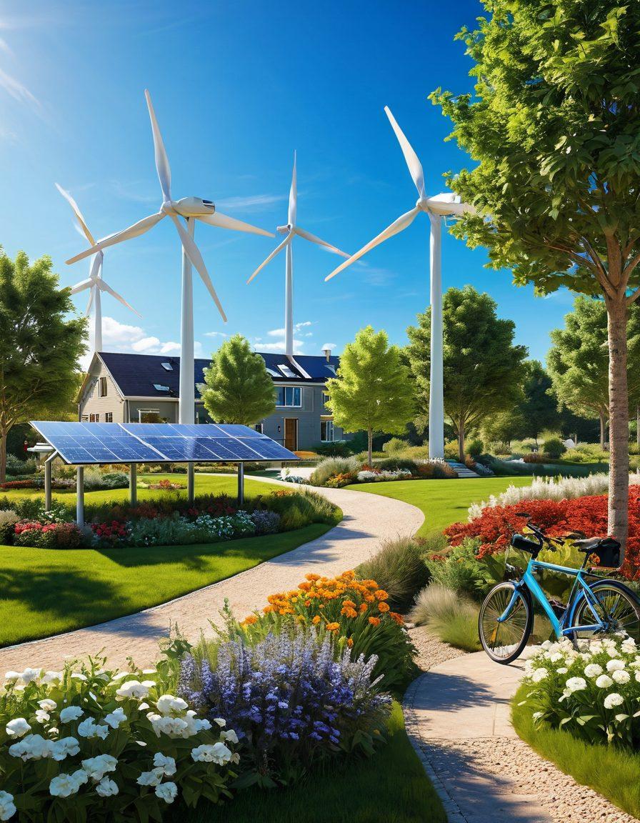 A serene landscape showcasing a vibrant community powered by clean energy: wind turbines spinning gracefully in a sunlit field, solar panels glistening on rooftops, and people enjoying nature while engaging in sustainable activities, such as gardening and biking. Emphasize the harmony between technology and nature, with lush greenery and a bright blue sky. super-realistic. vibrant colors. 3D.