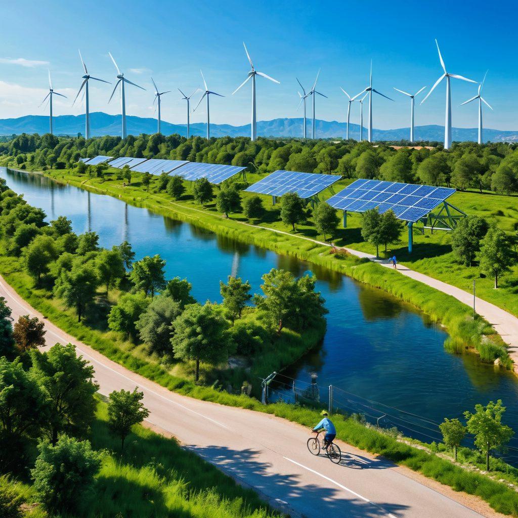 A serene landscape showcasing a city powered by renewable energy sources, featuring wind turbines and solar panels amidst lush greenery. People are enjoying nature, cycling, and engaging in eco-friendly activities while a clear blue sky extends above. Symbolize harmony between technology and nature with vibrant colors and soft sunlight illuminating the scene. super-realistic. vibrant colors. peaceful atmosphere.